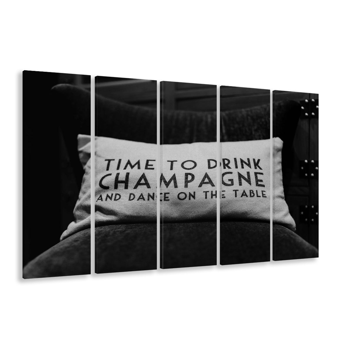 Time To Drink Champagne 5 Panels Canvas Print Wall Art, Black and White Print, Retro Party Funny Alcohol Wall Decor
