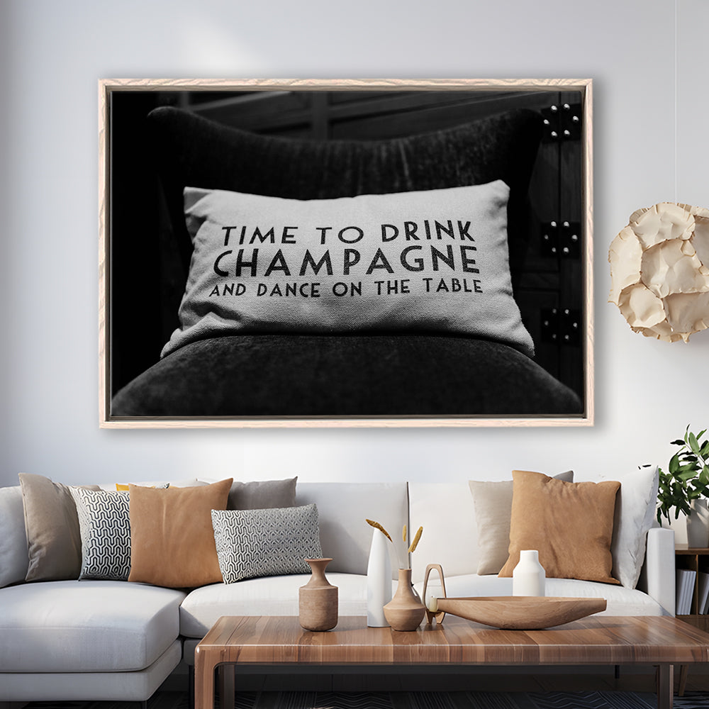 Time To Drink Champagne Framed Canvas Print Wall Art, Black and White Print, Retro Party Funny Alcohol Wall Decor