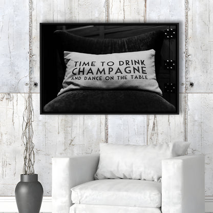 Time To Drink Champagne Framed Canvas Print Wall Art, Black and White Print, Retro Party Funny Alcohol Wall Decor