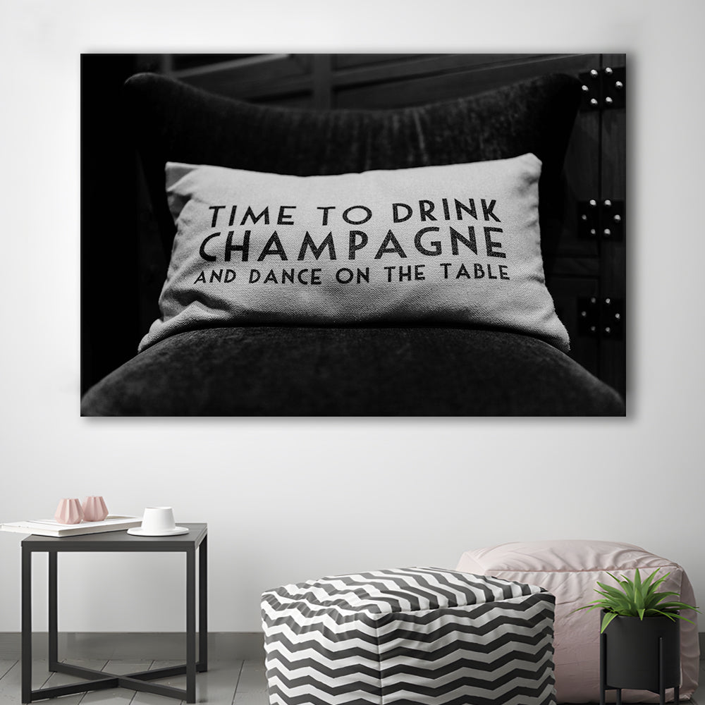 Time To Drink Champagne Canvas Print Wall Art, Black and White Print, Retro Party Funny Alcohol Wall Decor
