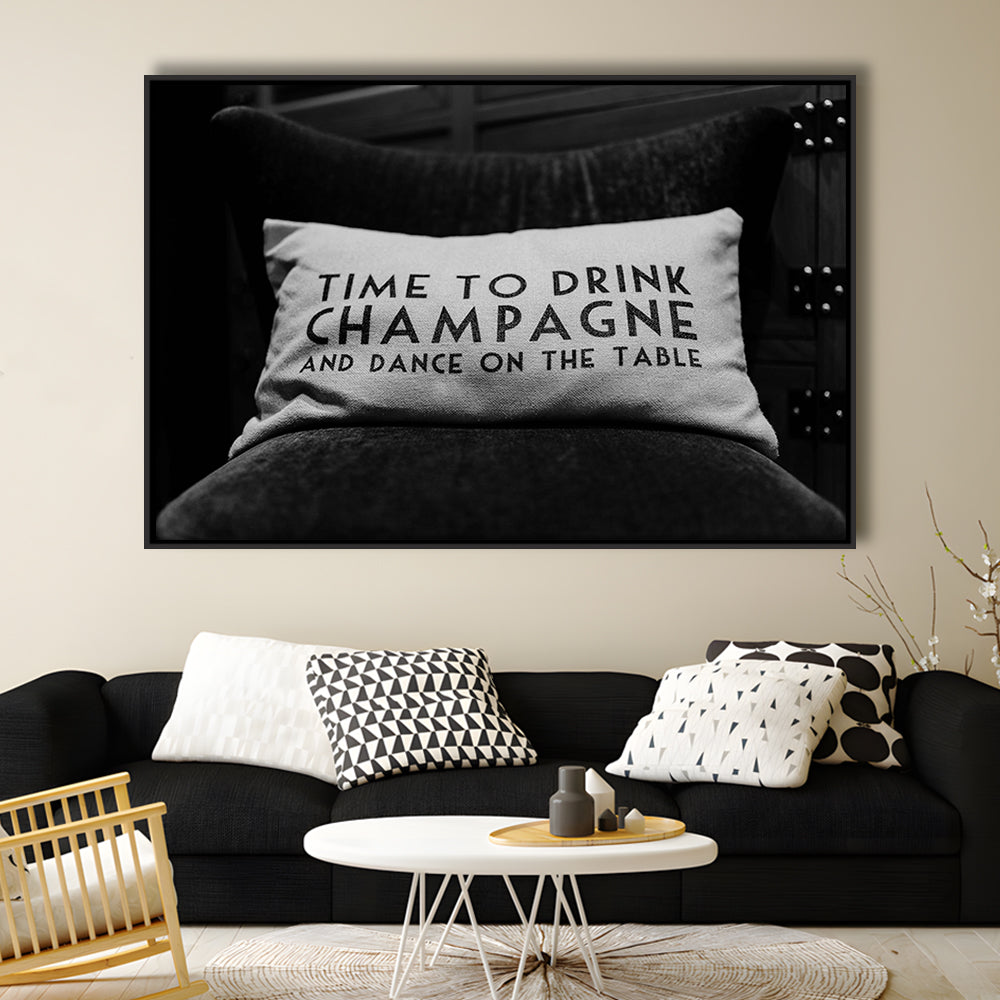 Time To Drink Champagne Framed Canvas Print Wall Art, Black and White Print, Retro Party Funny Alcohol Wall Decor