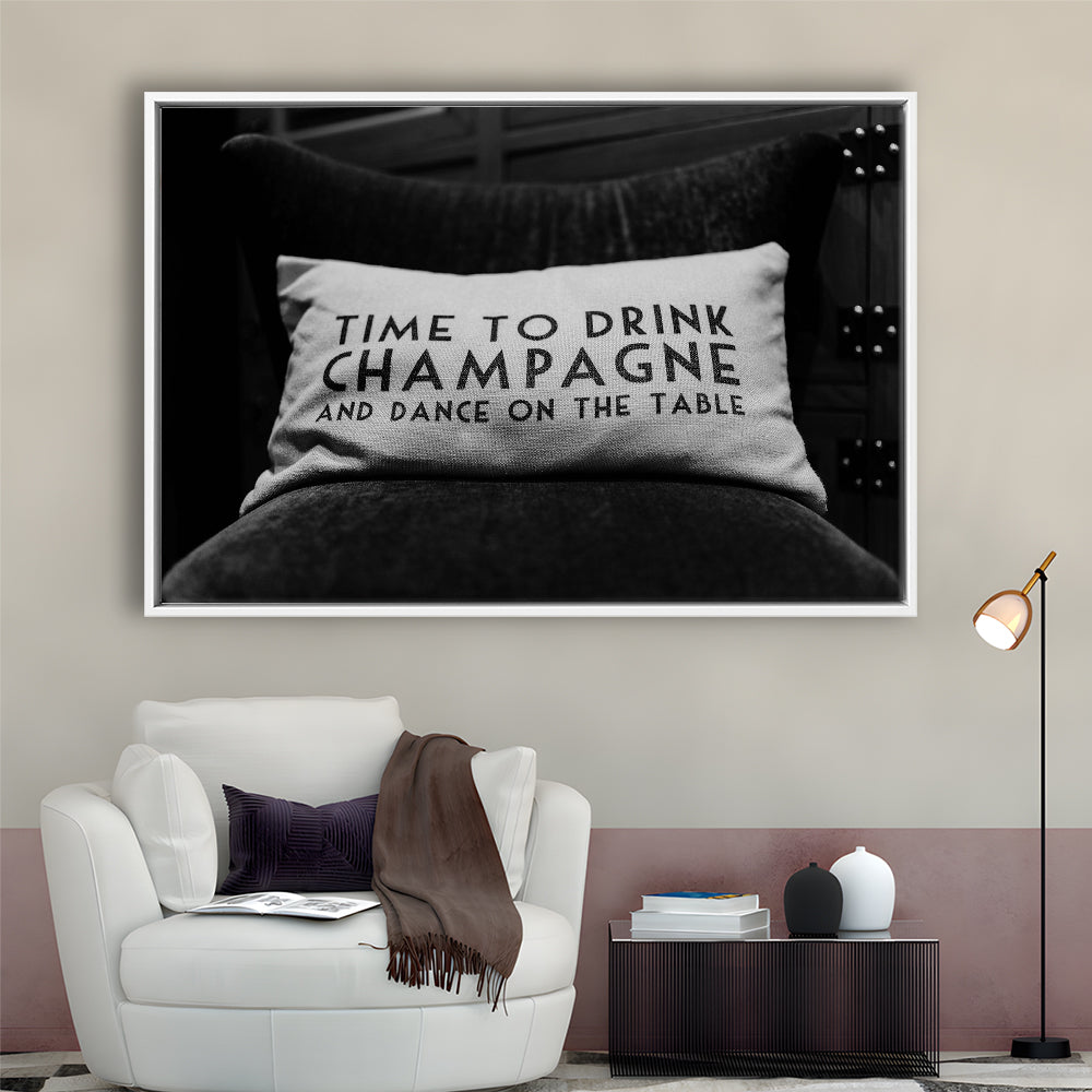 Time To Drink Champagne Framed Canvas Print Wall Art, Black and White Print, Retro Party Funny Alcohol Wall Decor