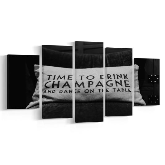 Time To Drink Champagne Mixed Canvas Print Wall Art, Black and White Print, Retro Party Funny Alcohol Wall Decor