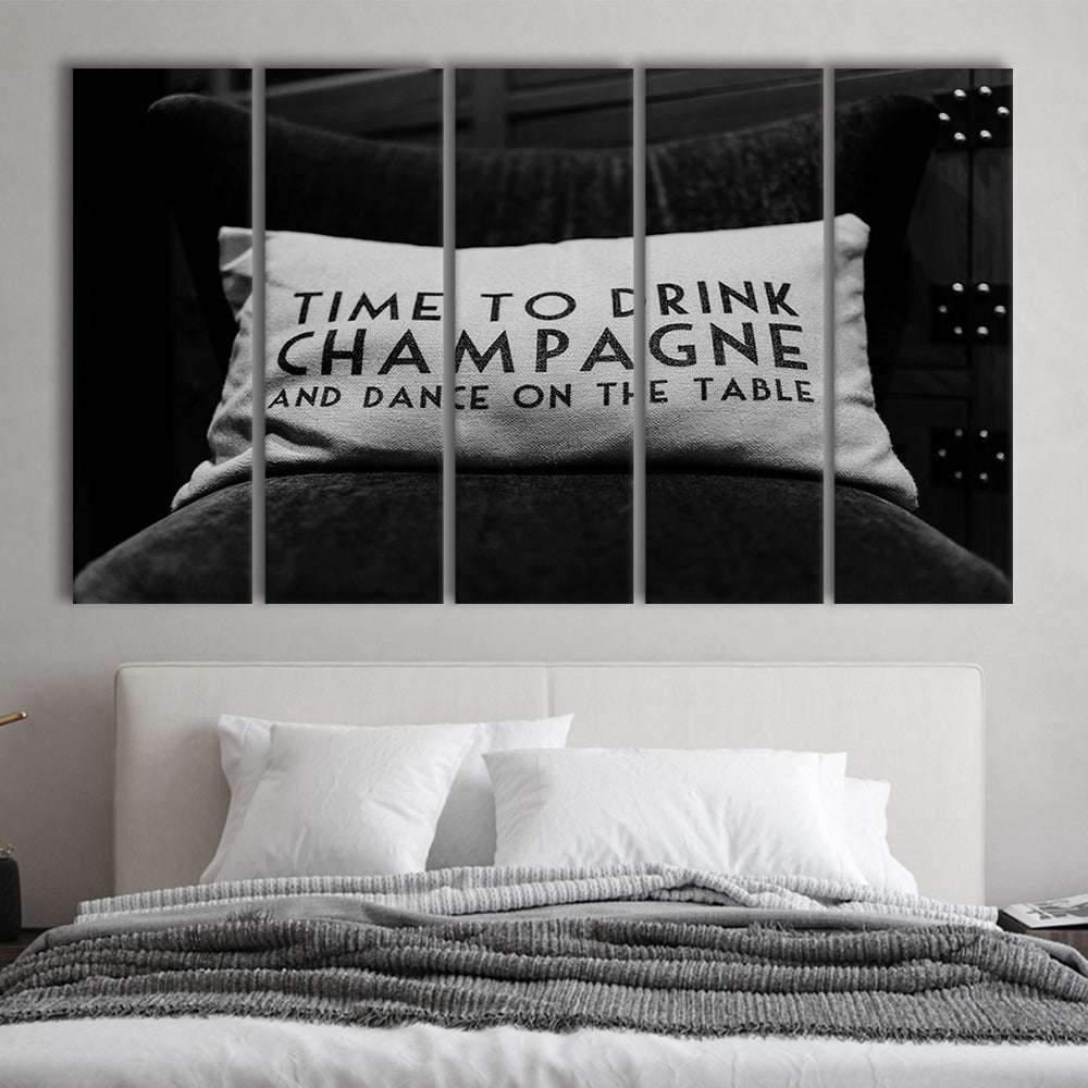 Time To Drink Champagne 5 Panels Canvas Print Wall Art, Black and White Print, Retro Party Funny Alcohol Wall Decor