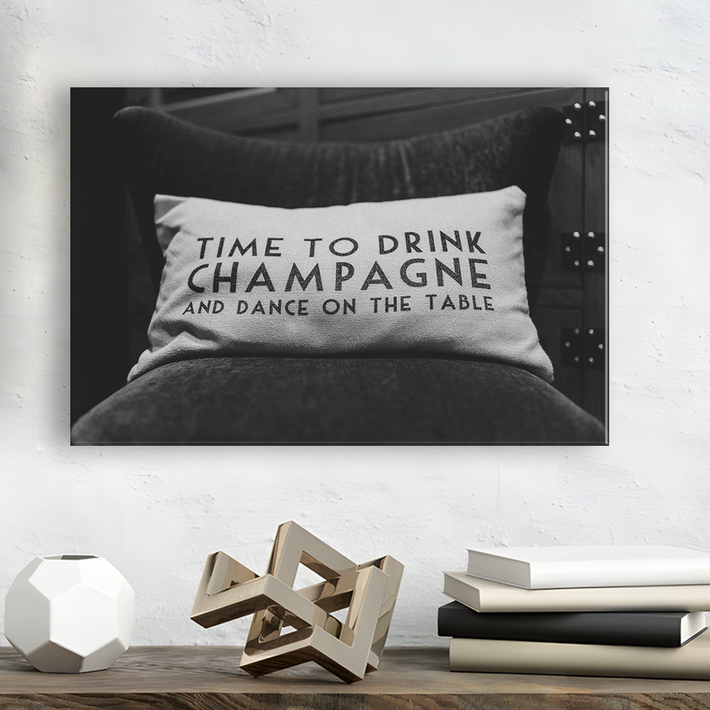 Time To Drink Champagne Canvas Print Wall Art, Black and White Print, Retro Party Funny Alcohol Wall Decor