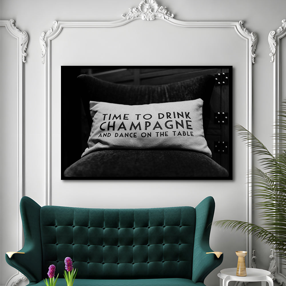 Time To Drink Champagne Framed Art Print Wall Decor, Black and White Print, Retro Party Funny Alcohol Wall Decor