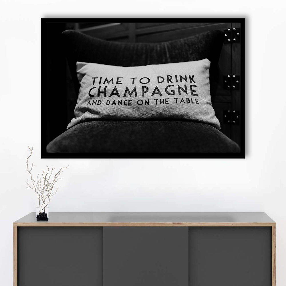 Time To Drink Champagne Framed Art Print Wall Decor, Black and White Print, Retro Party Funny Alcohol Wall Decor