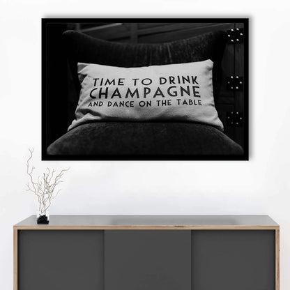 Time To Drink Champagne Framed Art Print Wall Decor, Black and White Print, Retro Party Funny Alcohol Wall Decor