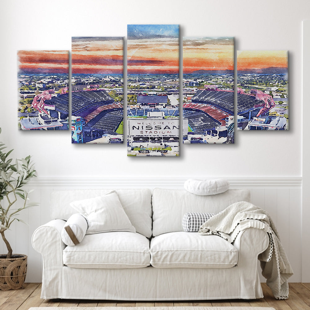 Titans Football Stadium, Nissan Painting Stadium Watercolor, Sport Art, Mixed 5 Panel, Canvas Print Wall Art