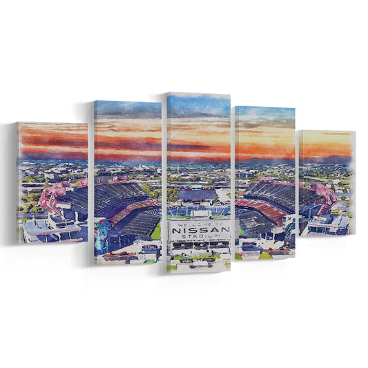 Titans Football Stadium, Nissan Painting Stadium Watercolor, Sport Art, Mixed 5 Panel, Canvas Print Wall Art