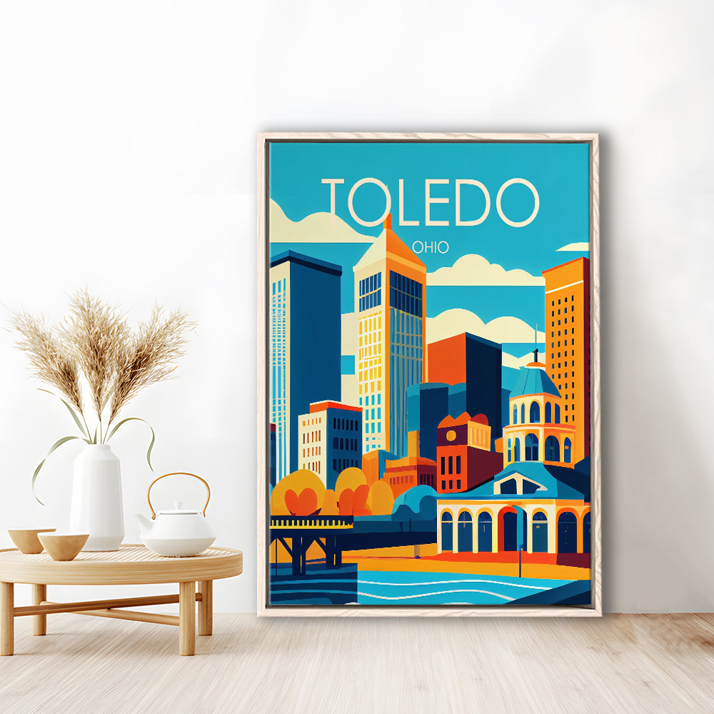Toledo Ohio Retro Art Print, Toledo City Wall Art, Floating Framed Canvas Print, Framed Picture, Painting Canvas