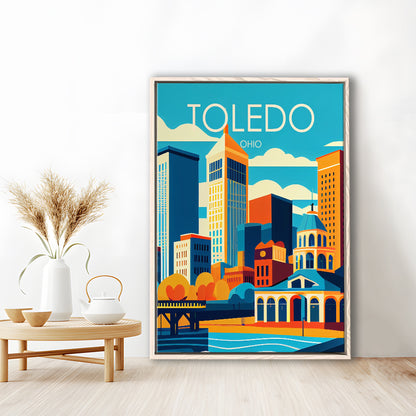 Toledo Ohio Retro Art Print, Toledo City Wall Art, Floating Framed Canvas Print, Framed Picture, Painting Canvas