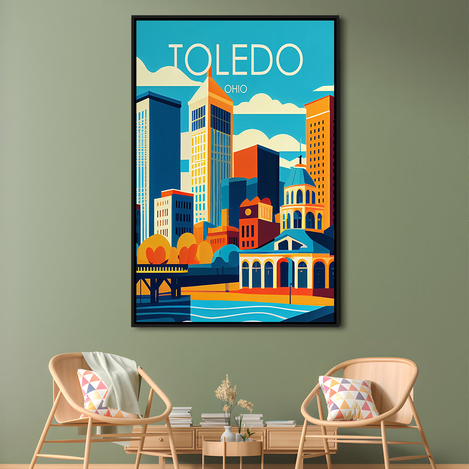 Toledo Ohio Retro Art Print, Toledo City Wall Art, Floating Framed Canvas Print, Framed Picture, Painting Canvas