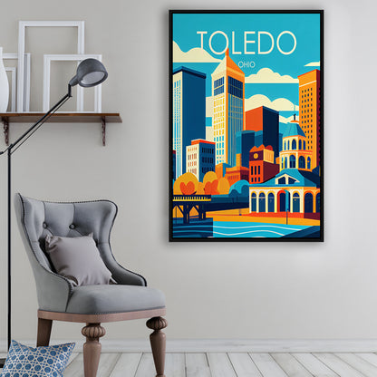Toledo Ohio Retro Art Print, Toledo City Wall Art, Floating Framed Canvas Print, Framed Picture, Painting Canvas