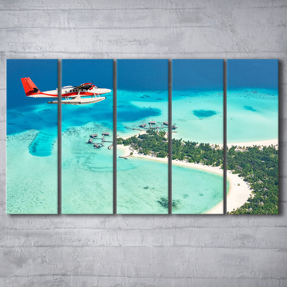 Top View of a Tropical Island Flying Seaplane Wall Art, 5 Piece B Extra Large Cavas Print Wall Art Decor