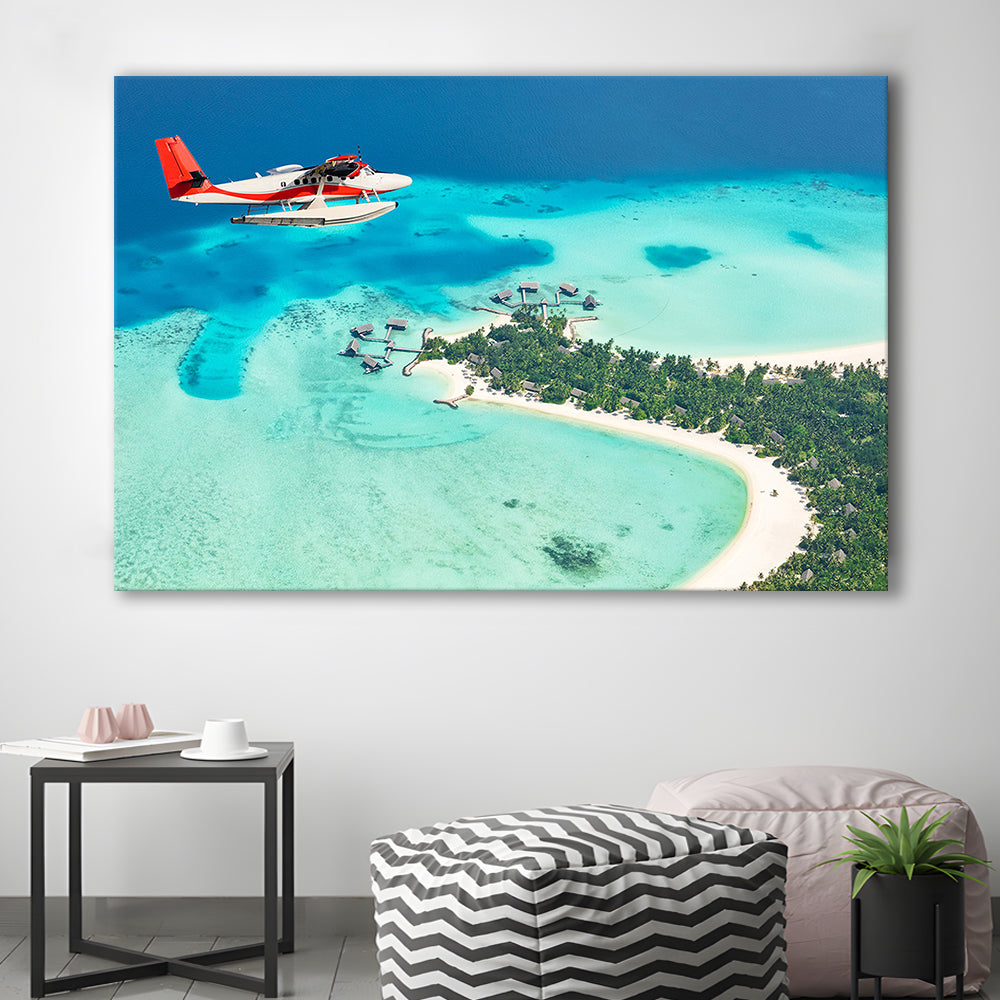 Top View of a Tropical Island Flying Seaplane Wall Art, Seaplane Wall Decor, Seaplane Art, Cavas Print Wall Art Hom Decor