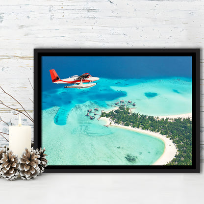 Top View Of A Tropical Island Flying Seaplane Wall Art, Seaplane Wall Decor, Framed Cavas Print, Floating Frame