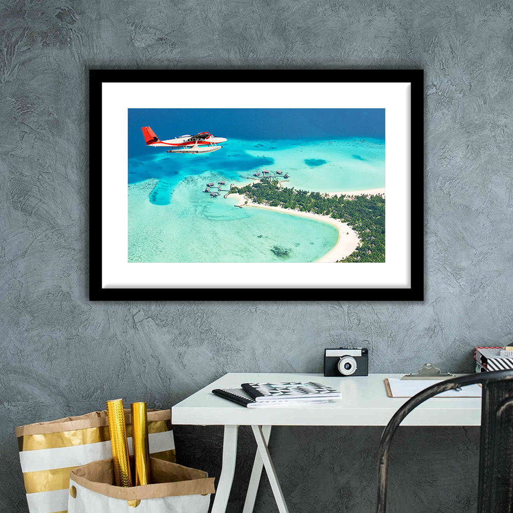 Top View Of A Tropical Island Flying Seaplane Wall Art, Seaplane Wall Decor, Seaplane Art, Framed Art Print White Border