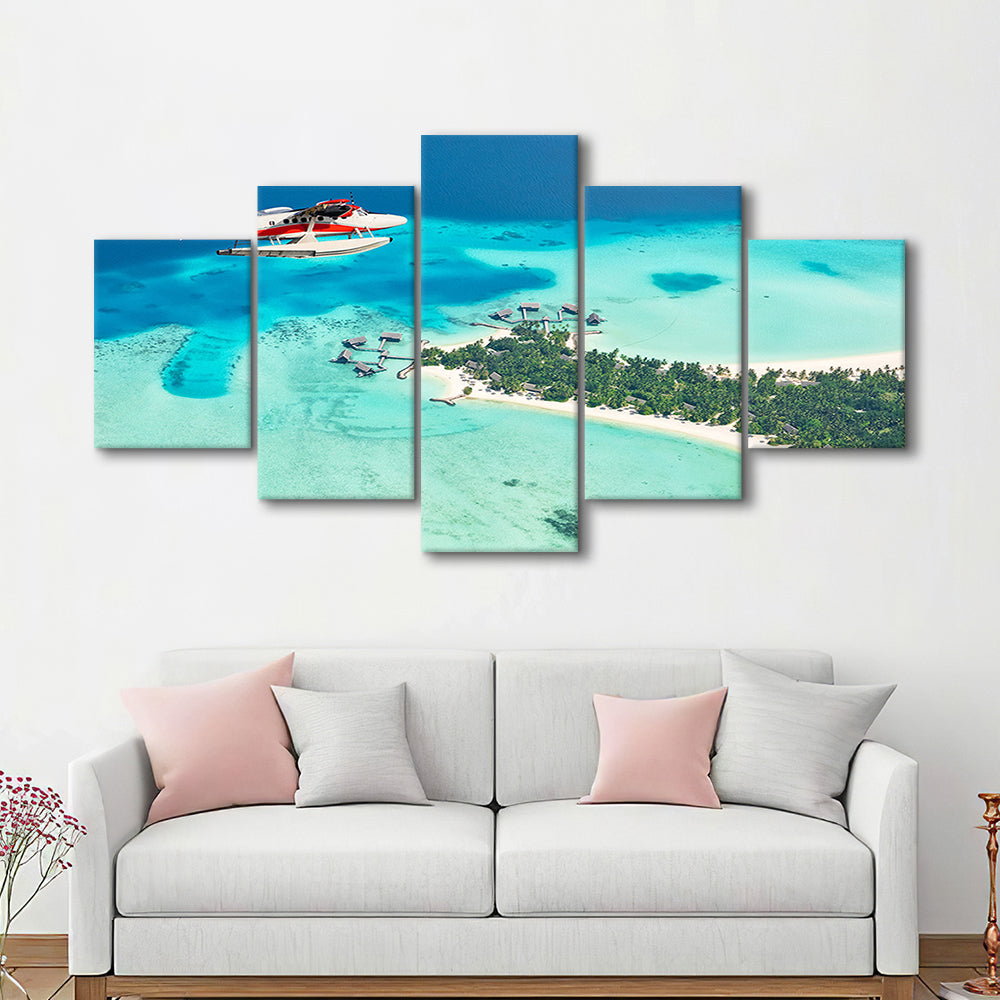 Top View of a Tropical Island Flying Seaplane Wall Art, Seaplane Wall Decor, 5 Piece Large Cavas Print Wall Art