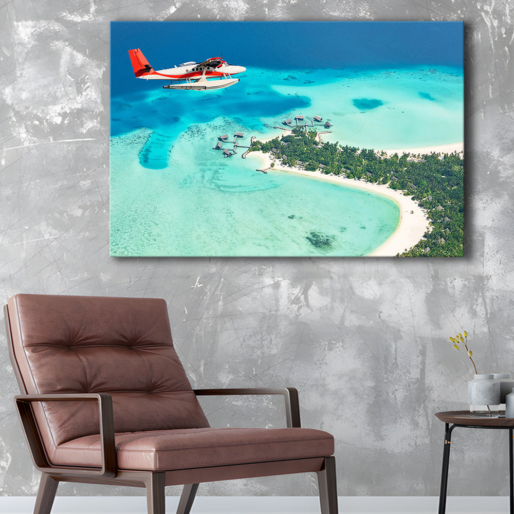 Top View of a Tropical Island Flying Seaplane Wall Art, Seaplane Wall Decor, Seaplane Art, Cavas Print Wall Art Hom Decor
