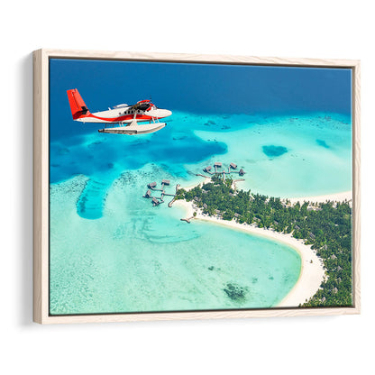 Top View Of A Tropical Island Flying Seaplane Wall Art, Seaplane Wall Decor, Framed Cavas Print, Floating Frame