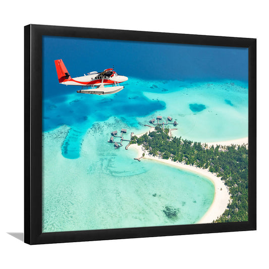 Top View Of A Tropical Island Flying Seaplane Wall Art, Seaplane Wall Decor, Seaplane Art, Framed Art Print, Picture Framed