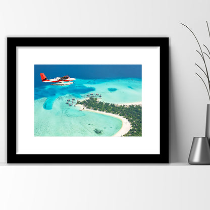 Top View Of A Tropical Island Flying Seaplane Wall Art, Seaplane Wall Decor, Seaplane Art, Framed Art Print White Border