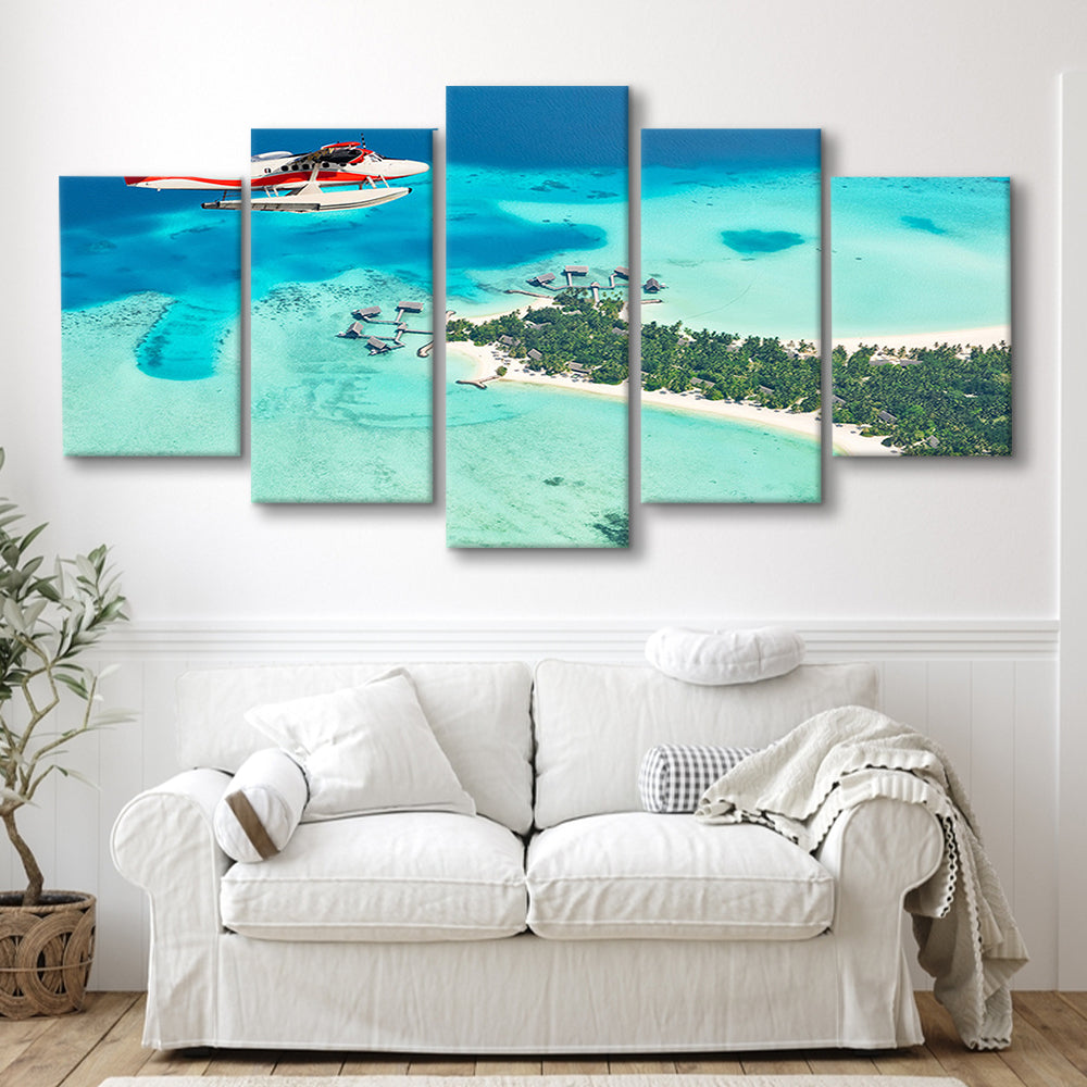 Top View of a Tropical Island Flying Seaplane Wall Art, Seaplane Wall Decor, 5 Piece Large Cavas Print Wall Art
