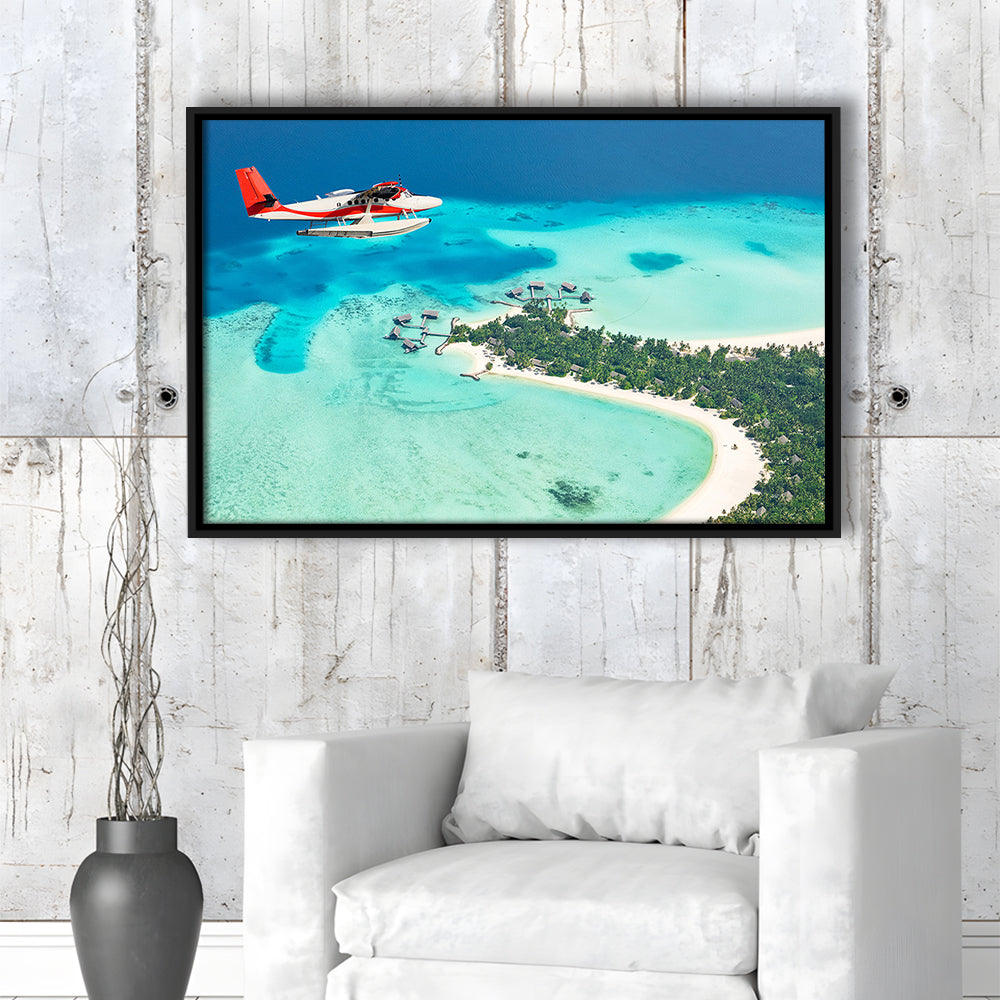 Top View Of A Tropical Island Flying Seaplane Wall Art, Seaplane Wall Decor, Framed Cavas Print, Floating Frame