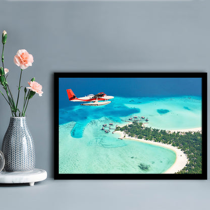 Top View Of A Tropical Island Flying Seaplane Wall Art, Seaplane Wall Decor, Seaplane Art, Framed Art Print, Picture Framed