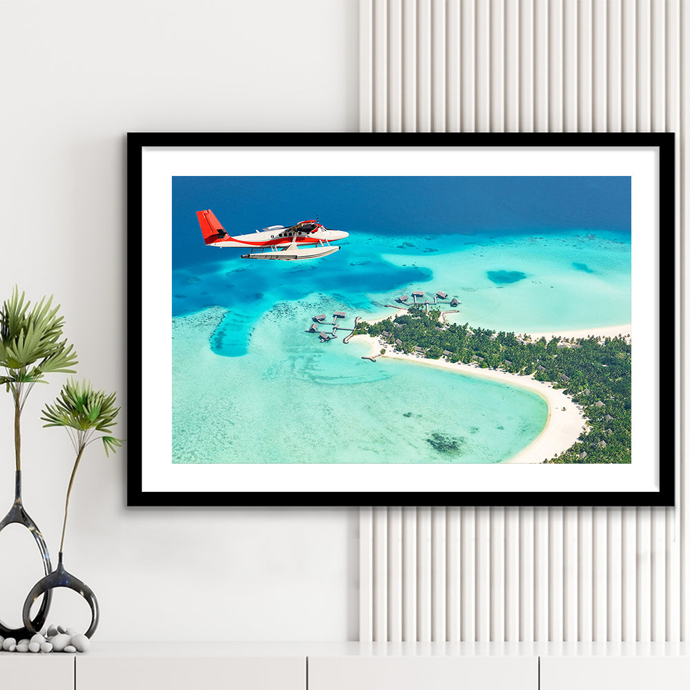 Top View Of A Tropical Island Flying Seaplane Wall Art, Seaplane Wall Decor, Seaplane Art, Framed Art Print White Border