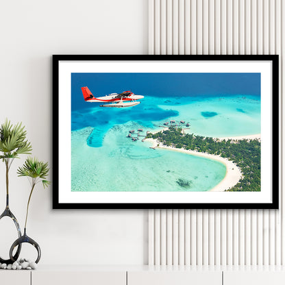 Top View Of A Tropical Island Flying Seaplane Wall Art, Seaplane Wall Decor, Seaplane Art, Framed Art Print White Border