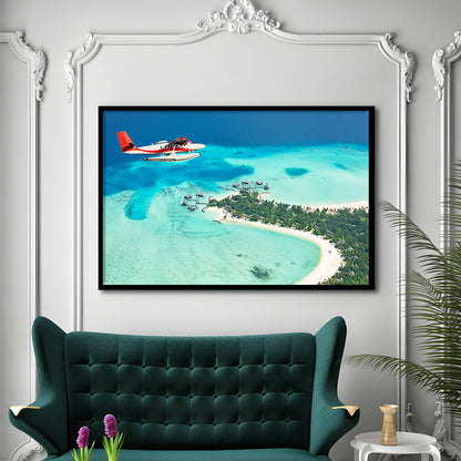 Top View Of A Tropical Island Flying Seaplane Wall Art, Seaplane Wall Decor, Seaplane Art, Framed Art Print, Picture Framed
