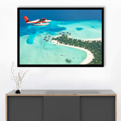 Top View Of A Tropical Island Flying Seaplane Wall Art, Seaplane Wall Decor, Seaplane Art, Framed Art Print, Picture Framed