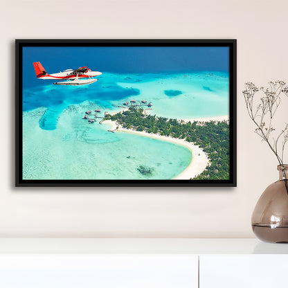 Top View Of A Tropical Island Flying Seaplane Wall Art, Seaplane Wall Decor, Framed Cavas Print, Floating Frame