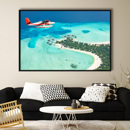 Top View Of A Tropical Island Flying Seaplane Wall Art, Seaplane Wall Decor, Framed Cavas Print, Floating Frame