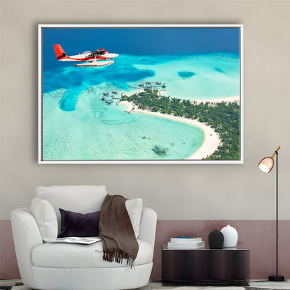 Top View Of A Tropical Island Flying Seaplane Wall Art, Seaplane Wall Decor, Framed Cavas Print, Floating Frame