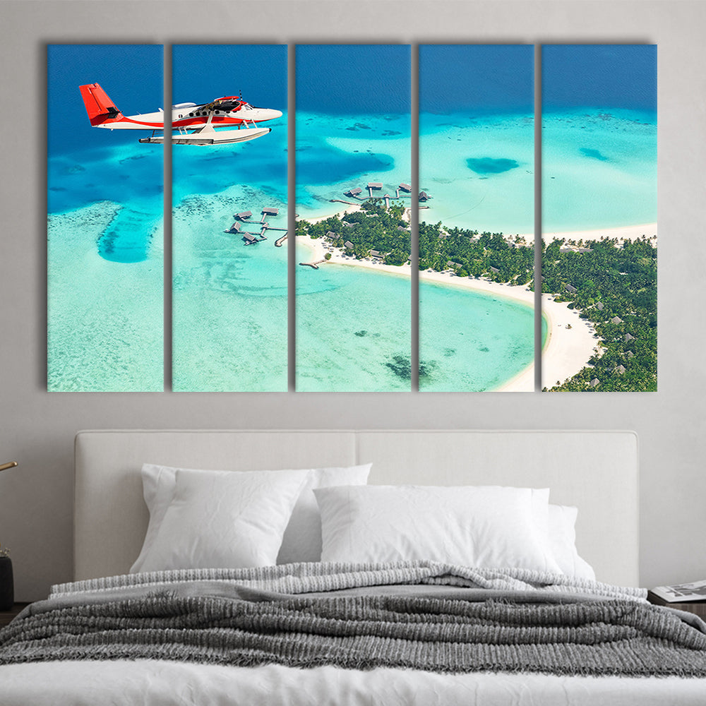 Top View of a Tropical Island Flying Seaplane Wall Art, 5 Piece B Extra Large Cavas Print Wall Art Decor