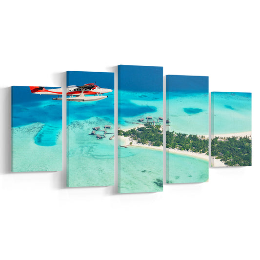 Top View of a Tropical Island Flying Seaplane Wall Art, Seaplane Wall Decor, 5 Piece Large Cavas Print Wall Art