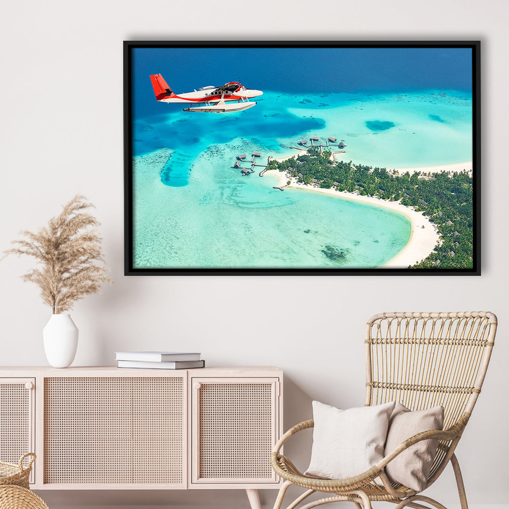 Top View Of A Tropical Island Flying Seaplane Wall Art, Seaplane Wall Decor, Framed Cavas Print, Floating Frame