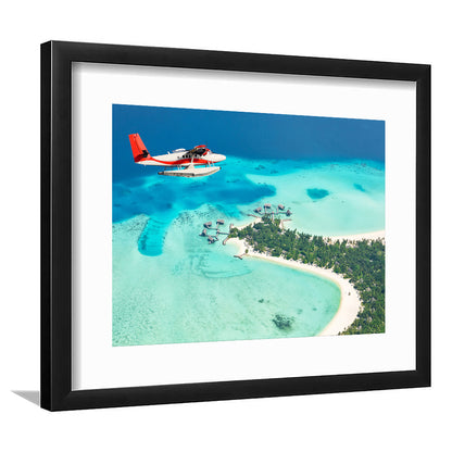 Top View Of A Tropical Island Flying Seaplane Wall Art, Seaplane Wall Decor, Seaplane Art, Framed Art Print White Border