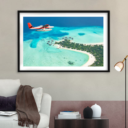 Top View Of A Tropical Island Flying Seaplane Wall Art, Seaplane Wall Decor, Seaplane Art, Framed Art Print White Border