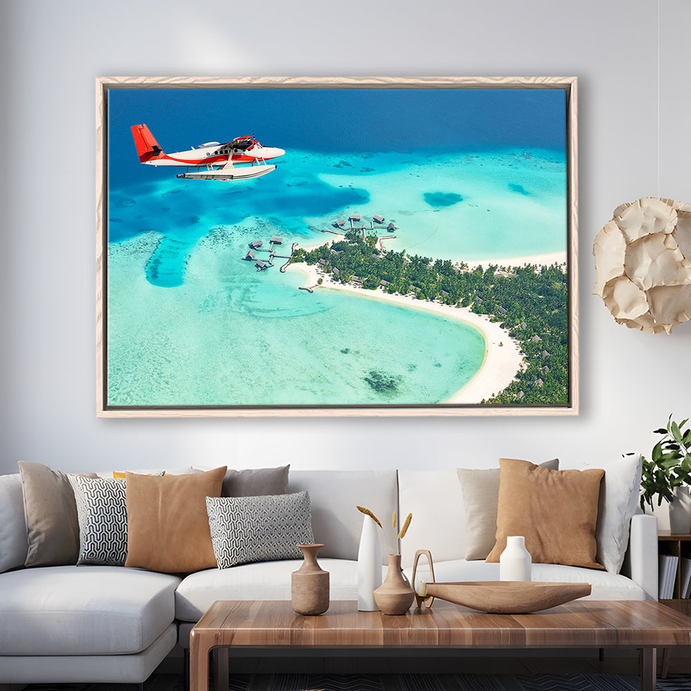 Top View Of A Tropical Island Flying Seaplane Wall Art, Seaplane Wall Decor, Framed Cavas Print, Floating Frame