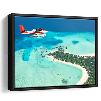 Top View Of A Tropical Island Flying Seaplane Wall Art, Seaplane Wall Decor, Framed Cavas Print, Floating Frame