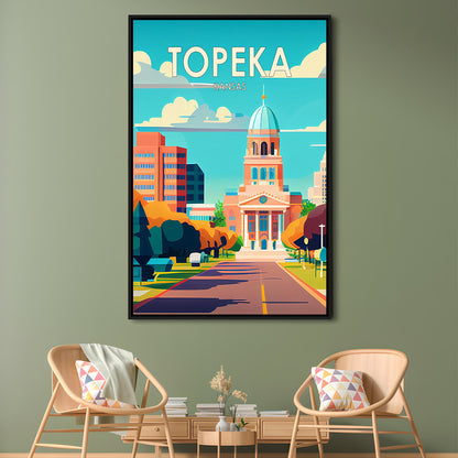 Topeka Kansas Retro Art Print, Topeka City Wall Art, Floating Framed Canvas Print, Framed Picture, Painting Canvas