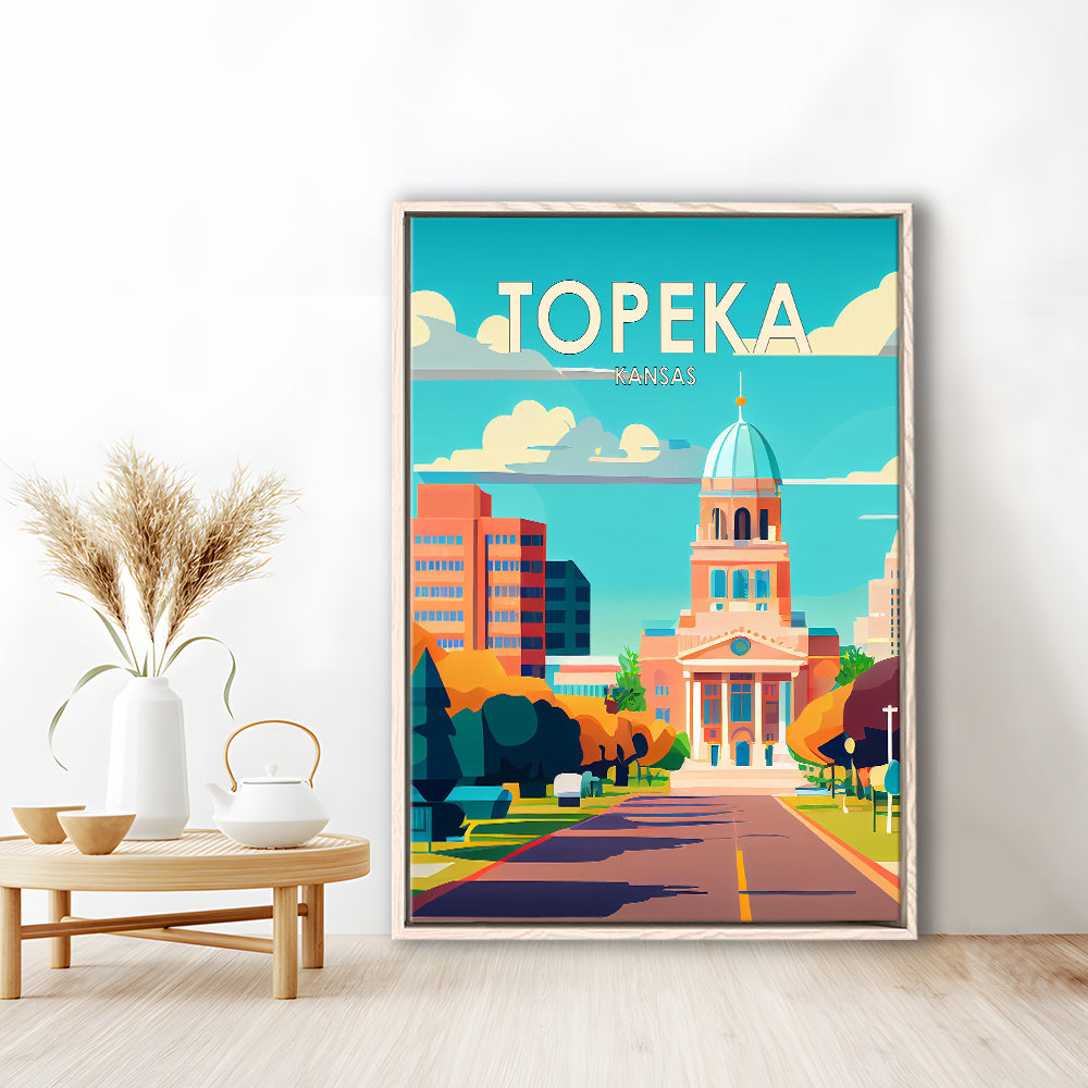 Topeka Kansas Retro Art Print, Topeka City Wall Art, Floating Framed Canvas Print, Framed Picture, Painting Canvas