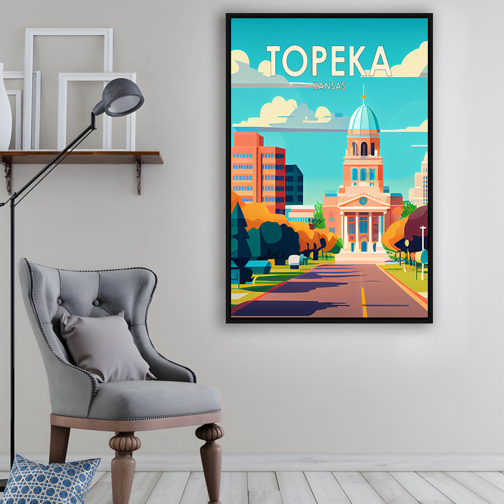 Topeka Kansas Retro Art Print, Topeka City Wall Art, Floating Framed Canvas Print, Framed Picture, Painting Canvas