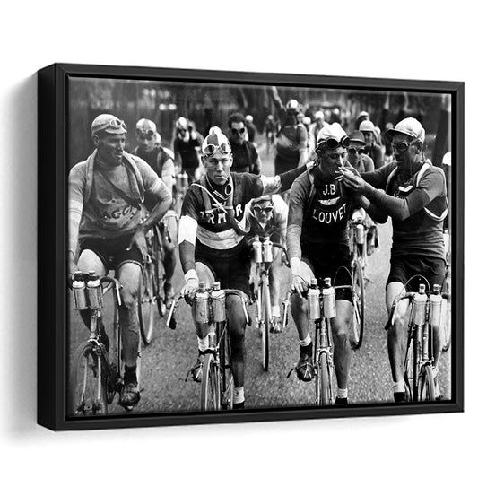 Tour de France Cycling, Black and White, Vintage Photography, man cave decor, Floating Framed Canvas Print