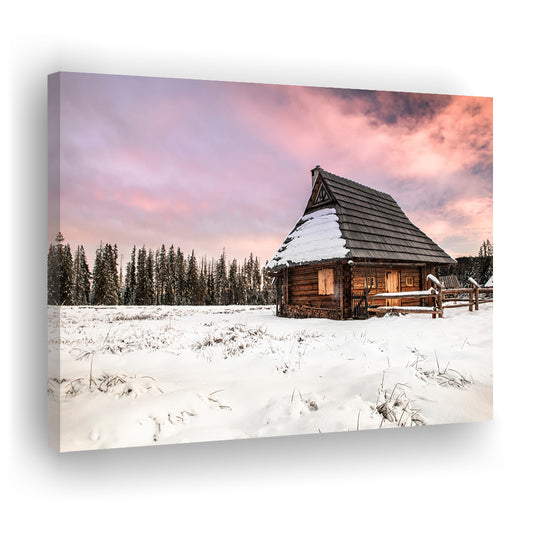 Traditional Wooden House in Winter Woods at Sunset, Cavas Print Wall Art Hom Decor