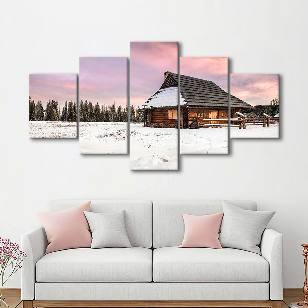 Traditional Wooden House in Winter Woods at Sunset, 5 Piece Large Cavas Print Wall Art
